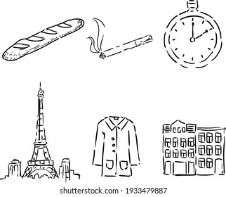 íconos hechos en vectores con traza orgánica, al estilo de mano libre de la torre eiffel, pan de baguette, cigarrillo, reloj, ropa caliente y fachada de construcción