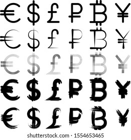Icons of major currencies. Bitcoin. Euro. Ruble. Dollar. Yen. British pound