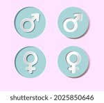 Icons with male and female symbols.  Round embossed buttons.  The buttons are convex and concave. Collection of realistic 3D icons.  Paper cutting and crafting style. 