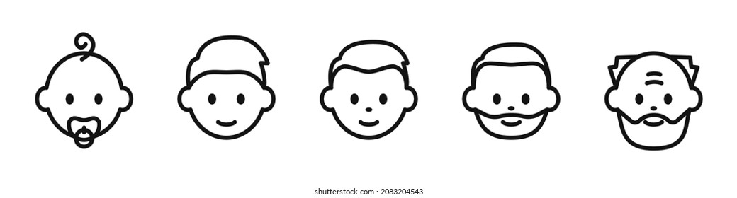 Icons of male people from infant to elderly. Life cycle from birth to old age. Infant, child, young boy, adult and old man. Vector.