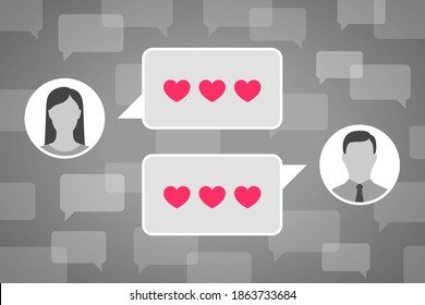 Iconos con retratos de hombres y mujeres y nubes de mensajes con corazones dentro de ellos, hay muchas nubes de mensajes alrededor. Concepto de mensajes de amor, coqueteo en línea, amor virtual y declaración de amor por sms