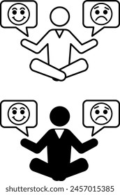 Icons Manage Your Emotions. Black and White Vector Icons of Meditating Man. Happy and Sad Emotions. Overcome Anxiety and Worry. Positive Thinking Concept