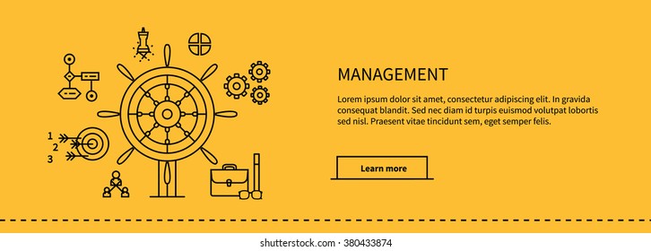 Icons for management, business tools in flat design. Poster banner on yellow. Management and marketing, lead and manage, effective management, leadership business, management icon, business management