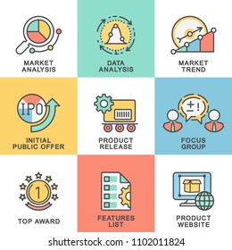 Icons market trend analysis. Search for current trends for the successful sale of products. The thin contour lines with color fills.