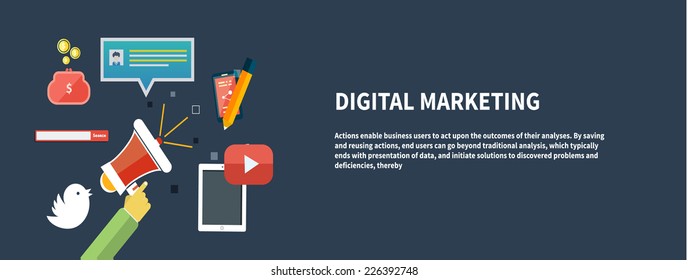 Icons for marketing. Digital marketing concept. Flat design stylish megaphone with application icons