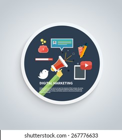 Icons for marketing. Digital marketing concept. Flat design stylish megaphone with application icons. Can be used for web banners, marketing and promotional materials, presentation templates 