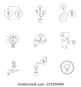 Icons of marketing and new ideas in business. The thin contour lines with fills on white background.
