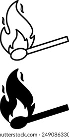 Icons Match. Black and White Vector Icons of Burning Match. Danger Symbol and Flammable Object. Camping and Tourism Concept