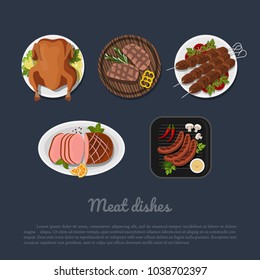 Icons of meat dishes on a plate in cartoon style. Top view. Restaurant menu. Grilled food. Vector illustration