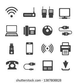 Icons media Communications. A set of internet icons with different Business objects. Computer, telephone, communication, and communication and presentation of business ideas.