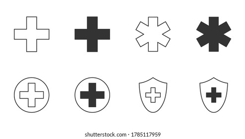 Icons medical cross, emergence, protection. Editable stroke. Hospital pharmacy ambulance pictogram symbols