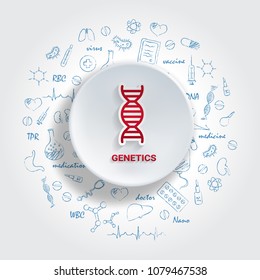 Icons For Medical Specialties. Genetics Concept. Vector Illustration With Hand Drawn Medicine Doodle. Molecule