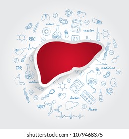 Icons For Medical Specialties. Hepatology And Liver Concept. Vector Illustration With Hand Drawn Medicine Doodle. 