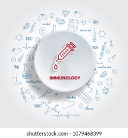 Icons For Medical Specialties. Immunology Concept. Vector Illustration With Hand Drawn Medicine Doodle. Vaccination, Vaccine, Laboratory, Injection, Immunization, Immunity