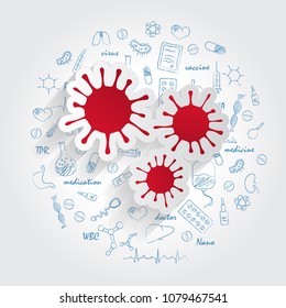 Icons For Medical Specialties. Virology And Virus Concept. Vector Illustration With Hand Drawn Medicine Doodle. 