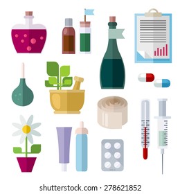 Icons of medicine theme. Different objects of traditional and folk medicine. Colorful modern vector flat icons set. Collection of elements and concepts for web and mobile apps. Vector file is EPS8.