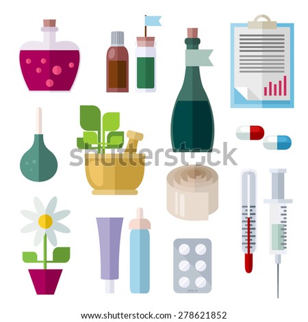 Icons of medicine theme. Different objects of traditional and folk medicine. Colorful modern vector flat icons set. Collection of elements and concepts for web and mobile apps. Vector file is EPS8.