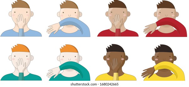 Iconos de hombres de diferentes razas, enfermos, tos recta