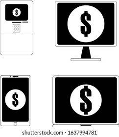 
icons of methods of payment and storage of money savings through various electronic devices, phone, laptop, computer, ATM