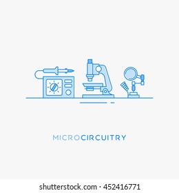  Icons for micro-circuitry. Radio engineering flat line icons set. Soldering station, microscope and stand for soldering iron.