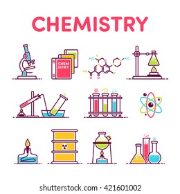 icons microscope, book, formula, flask, experiment, molecular, retort, test tube, barrel radiation, beakers