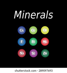 Icons minerals. Vector illustration on a black background. Minerals with bright color glossy balls for science articles, medicine and health magazines.