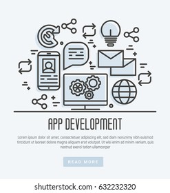 Icons of mobile app development process in thin line style. Vector illustration. 