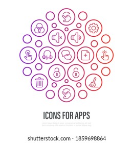 Icons for mobile app development. Thin line icons: messenger, sound off, sound on, music, lock, unlock, settings, remove, swipe, click, tap, search, add new document. Vector illustration.