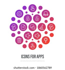Icons for mobile app development. Thin line icons: messenger, sound off, sound on, music, lock, unlock, settings, remove, swipe, click, tap, search, add new document. Vector illustration.