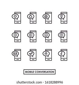 Icons of a mobile with chat conversation. Mobile message with different emoticons or icons. Editable vector.