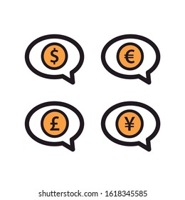 Icons of a mobile with chat conversation. Mobile message with currency symbols. Editable vector.