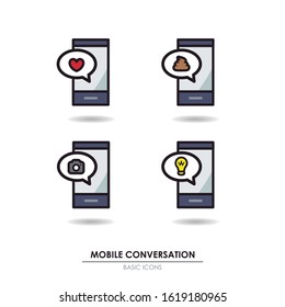 Icons of a mobile with chat conversation. Mobile message with the symbols of a heart, a camera, a poop a light bulb. Editable vector.