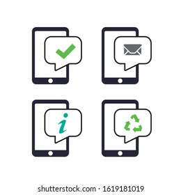 Icons of a mobile with chat conversation. Mobile message with the symbols of a message, with a stick, recycling and information. Editable vector.