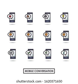 Icons of a mobile with chat conversation. Mobile message with different emoticons or icons. Editable vector.