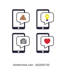 Icons of a mobile with chat conversation. Mobile message with the symbols of a heart, a camera, a poop a light bulb. Editable vector.