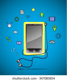 Icons mobile phone functions - call, sms, photo and other. Vector illustration.