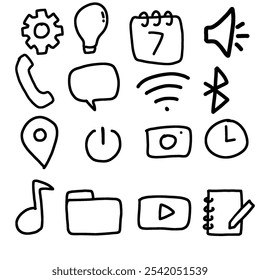 
icons in mobile phone with handwritten style