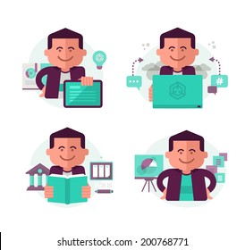 Icons in modern flat style with a man in different education and learning related situations for web, mobile applications and print design.