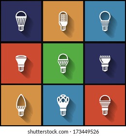 Icons with modern LED lamps in flat style. Long shadow style