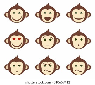 Icons, monkeys, emotions, different, small, color, flat. Icons with different emotions monkeys, funny and sad. Colored flat icons. For print and websites. 