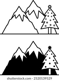 Icons Mountains. Black and White Vector Icons. Mountains and Christmas Tree. Holiday and Camping Concept