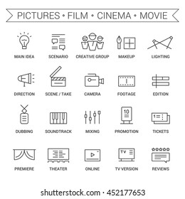 Icons of movie, film, cinema, pictures area. Linear, black.