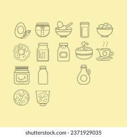 Icons for the Muesli Nutrition Collection Set Black contour illustrations of muesli and flour bags, cookies and milk, bars and muesli porridge, and cooked and boiling breakfasts