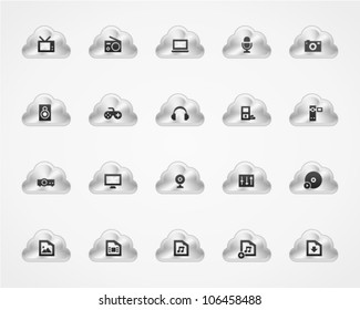 Icons of multimedia objects on metallic cloud buttons