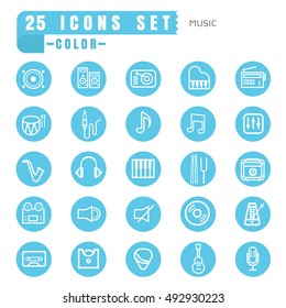 icons music color thin white in the circle blue on white background