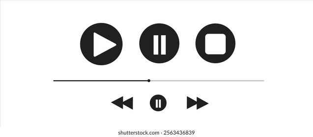 Icons for music or video playback on a white background. Audio player for songs or podcast playlists. loading with time slider, pause, rewind and fast forward