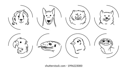 Icons muzzles of pets and birds set. Vector collection of linear illustrations of animals.