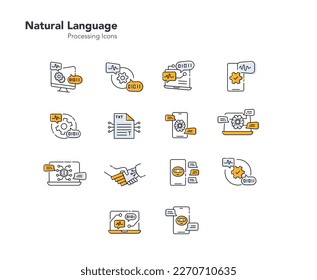 Icons for Natural language processing, NLP, AI language, Text analysis, and Computational linguistics. Yellow and gray vector line icons with editable strokes.