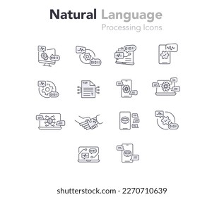 Icons for Natural language processing, NLP, AI language, Text analysis, and Computational linguistics. Gray modern style vector line icons with editable strokes.