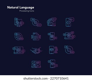 Icons for Natural language processing, NLP, AI language, Text analysis, and Computational linguistics. Gradient Vector line icons with editable strokes.